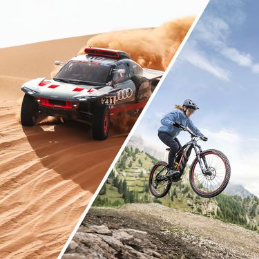 The Audi RS Q e-tron dashing through the desert on the left, woman riding the Audi electric mountain bike on the right.